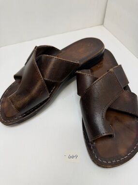 Jerusalem Sandal Men's Brown Leather Cross-Strap Slide Sandals Size 42